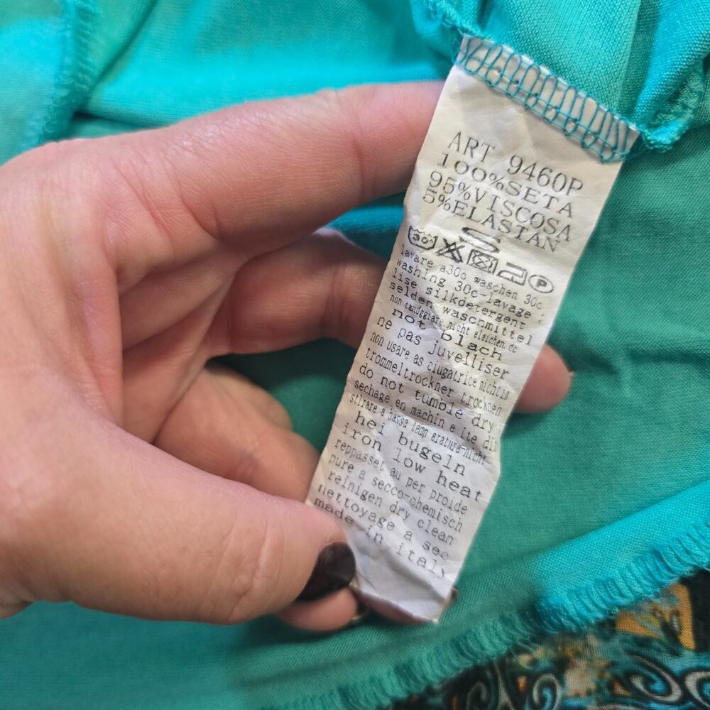 Tempo Paris Top Womens Size Small Green Patchwork Silk Short Sleeve Sheer Lined - Picture 7 of 10
